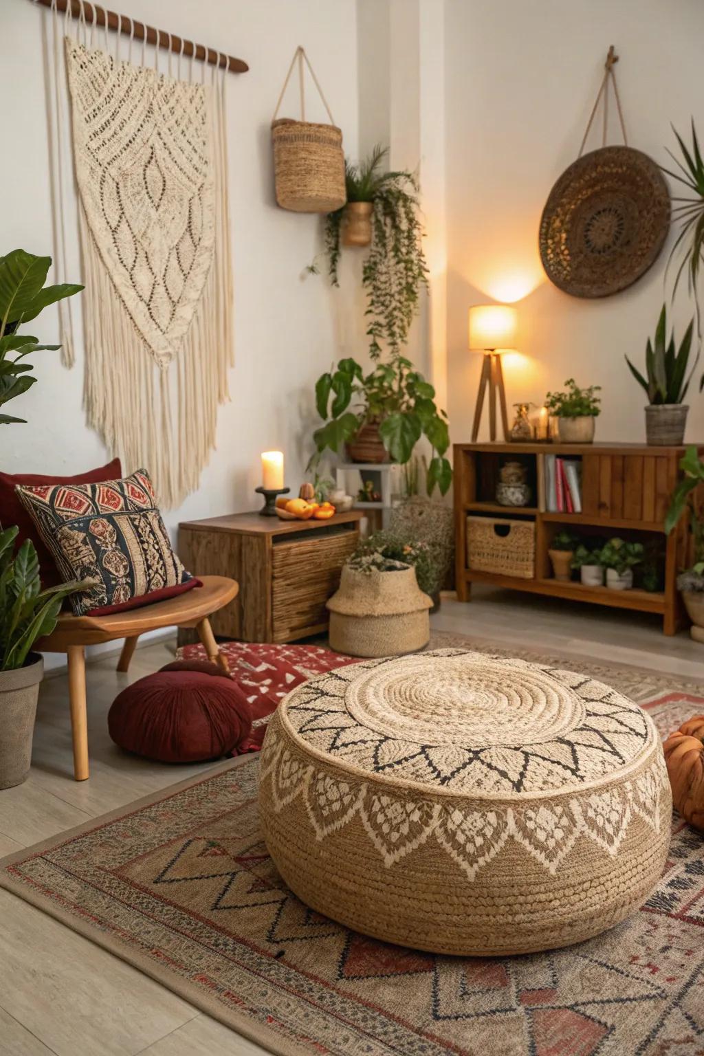 A woven ottoman adds natural texture to a bohemian living space.