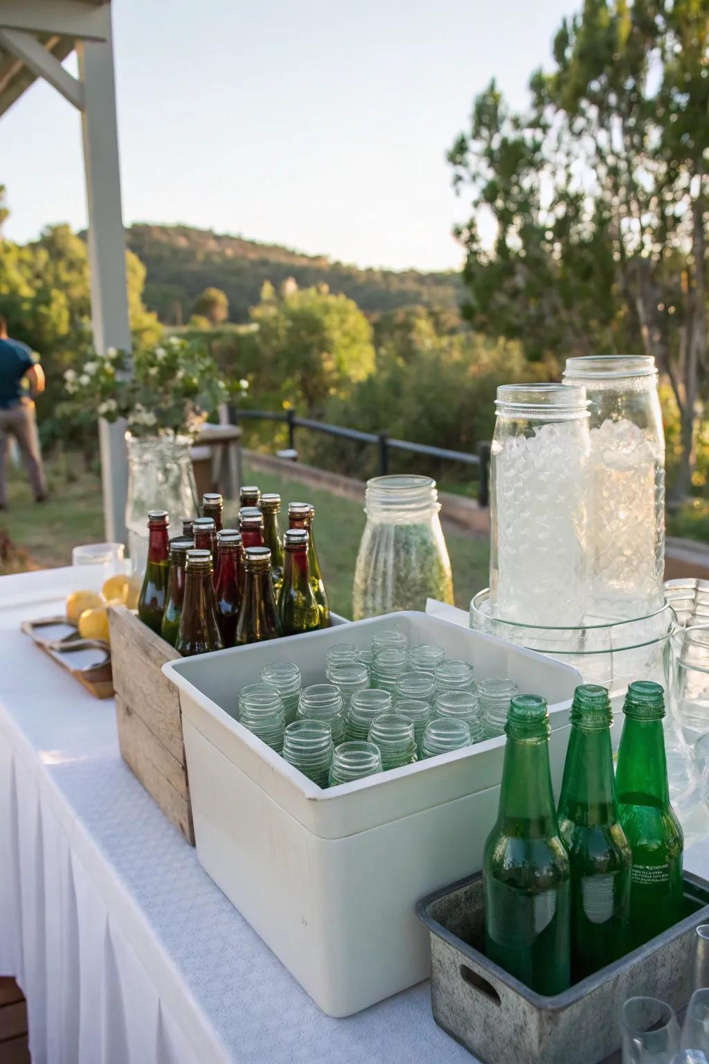 Recycled glassware adds eco-friendly charm to your setup.