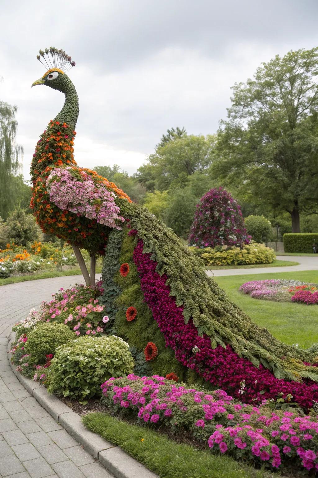 A stunning floral sculpture shaped like a peacock.