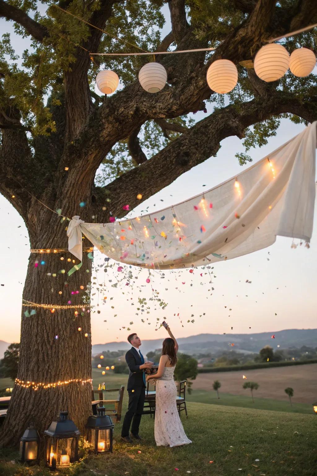 A tree-hanging reveal creates an enchanting surprise from above.