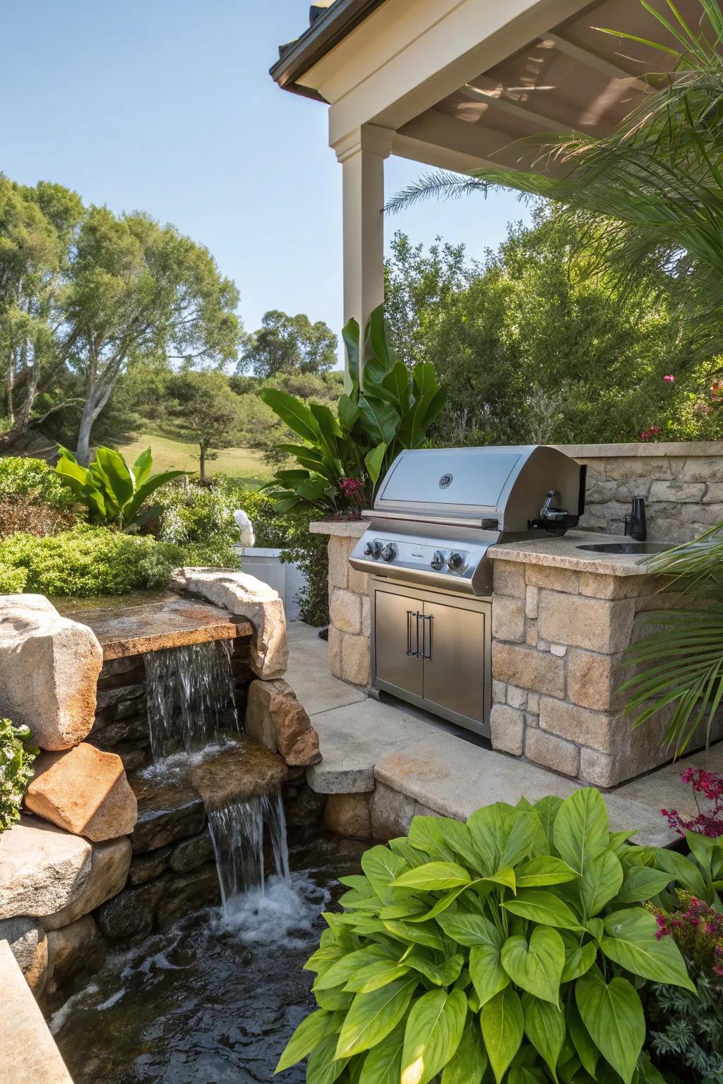 Add tranquility with a water feature near your grill station.