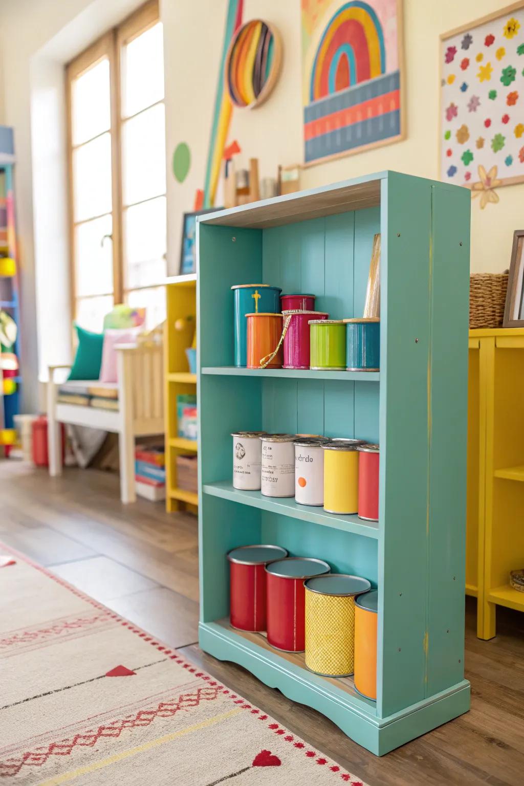 A colorful bookshelf repurposed for storing paint cans.