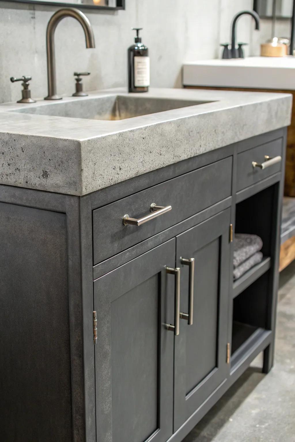 Charcoal gray vanities offer an industrial edge.