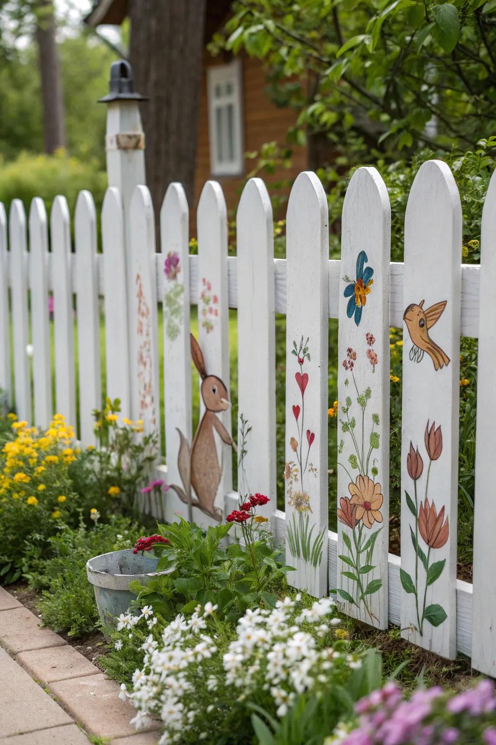 A picket fence featuring charming woodland creature artwork.