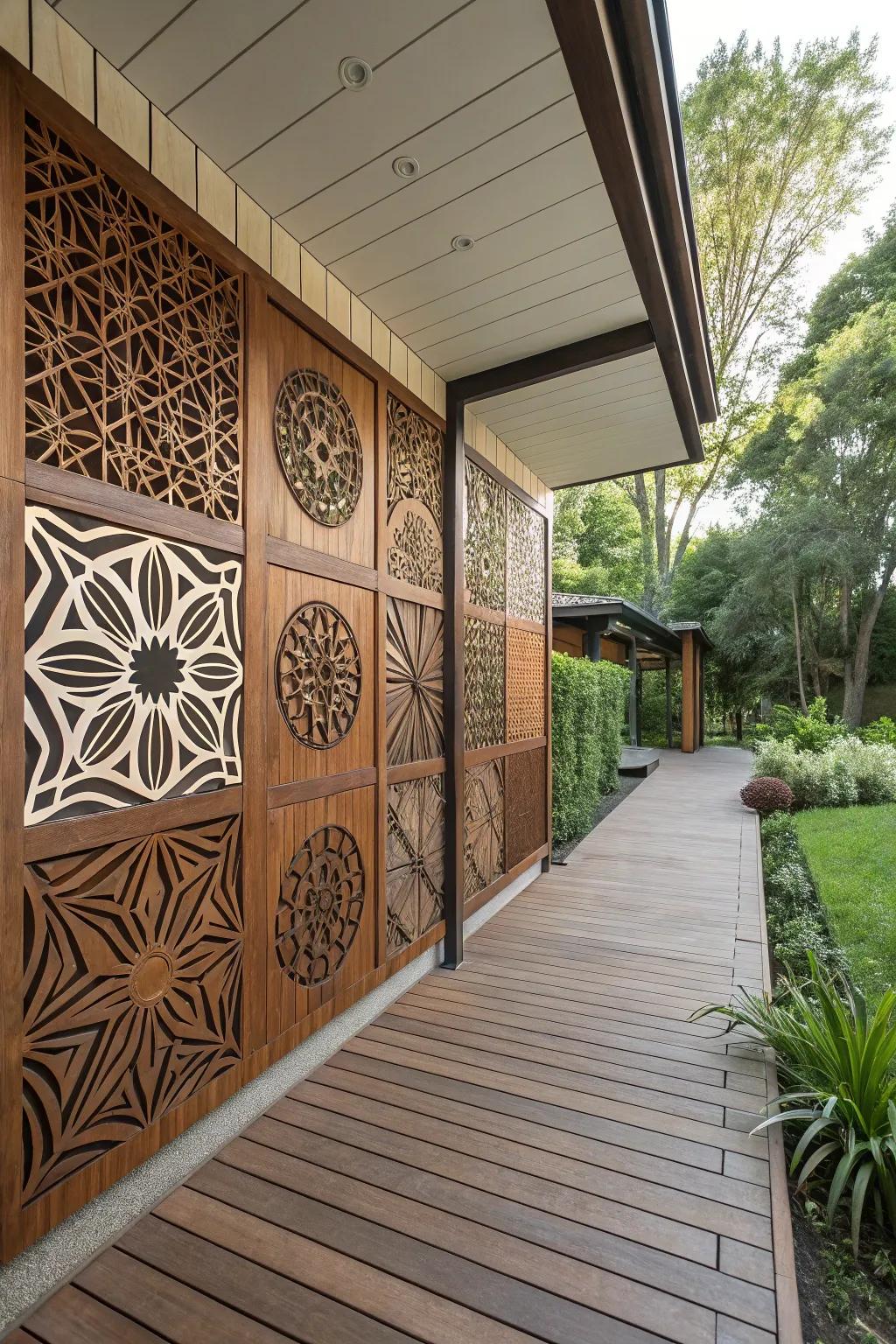 A modern patio wall with geometric wood panel art.