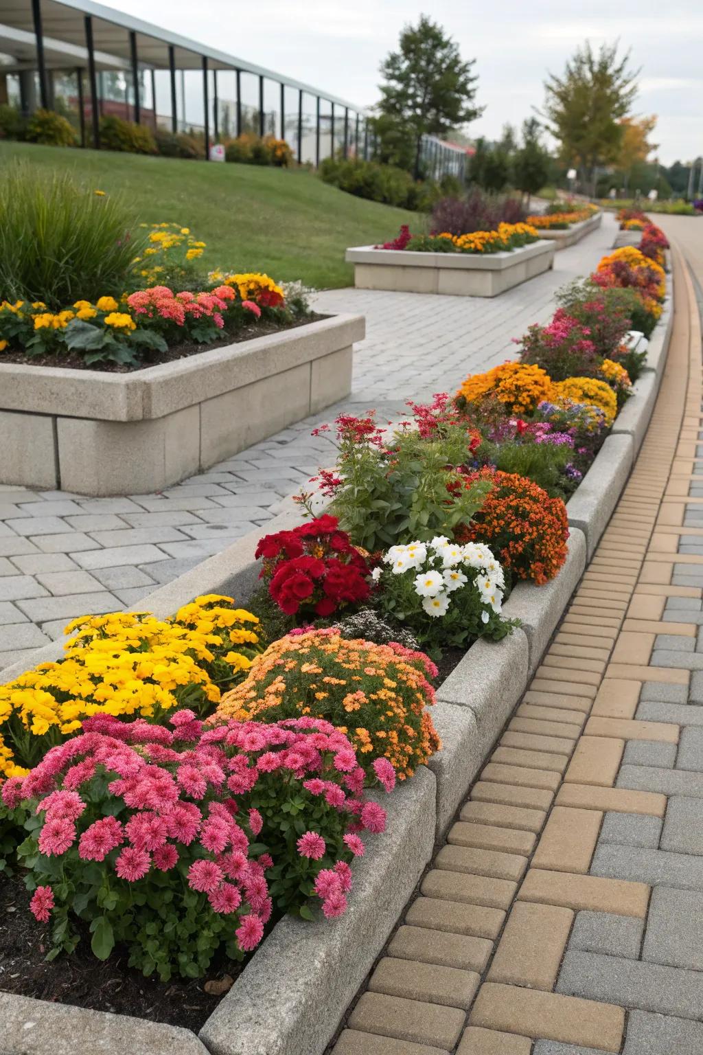 Highlight seasonal blooms with colorful paver beds.