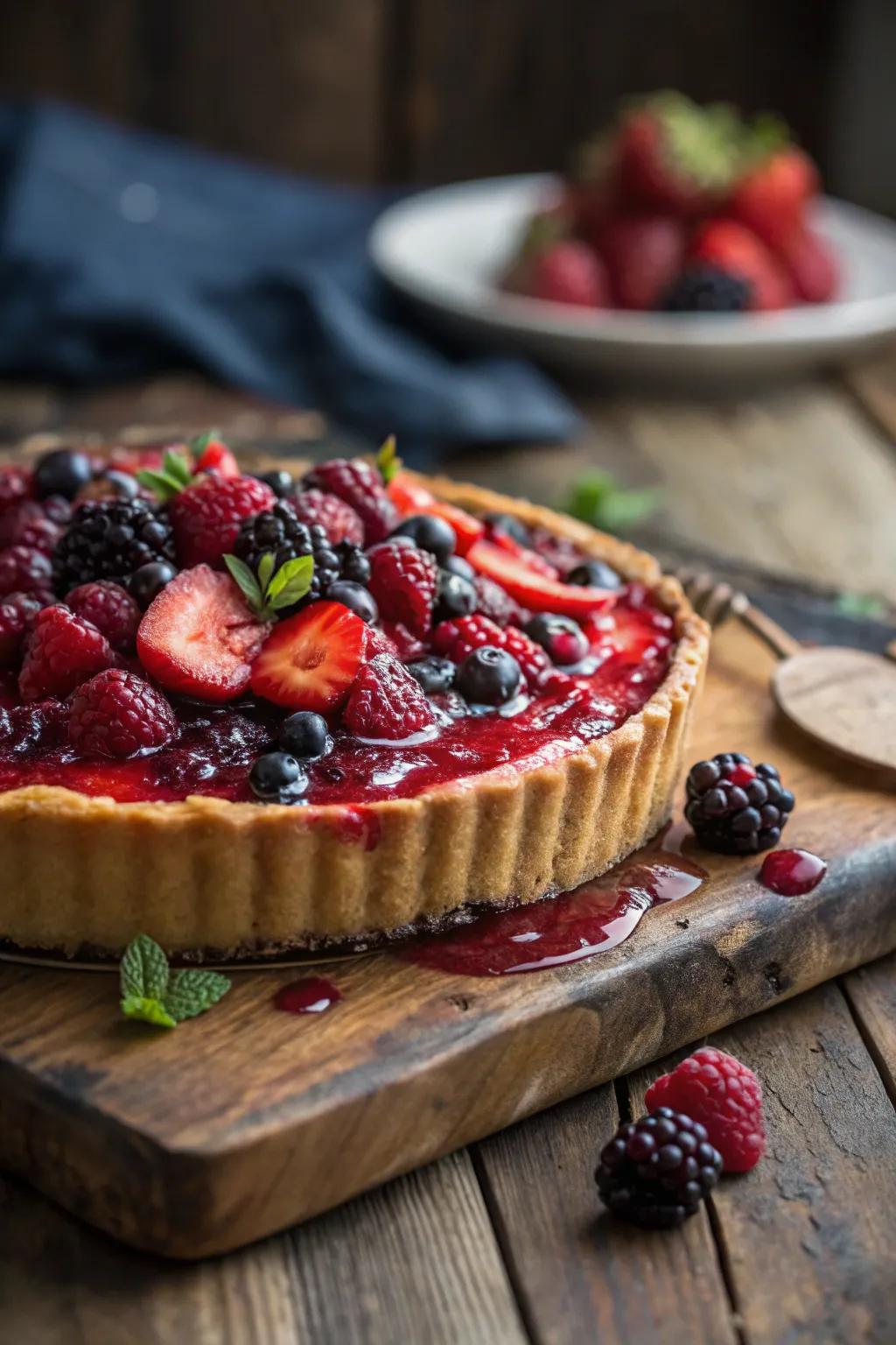 A pie enhanced with a vibrant berry glaze.