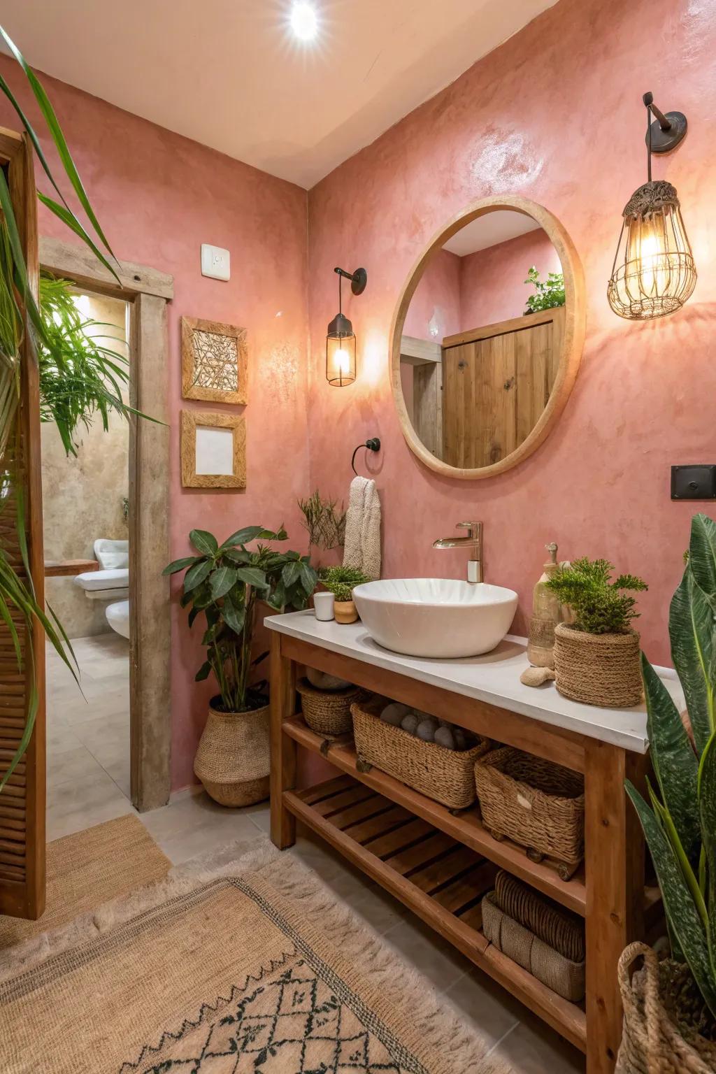 Warm pink plaster walls provide unique texture.