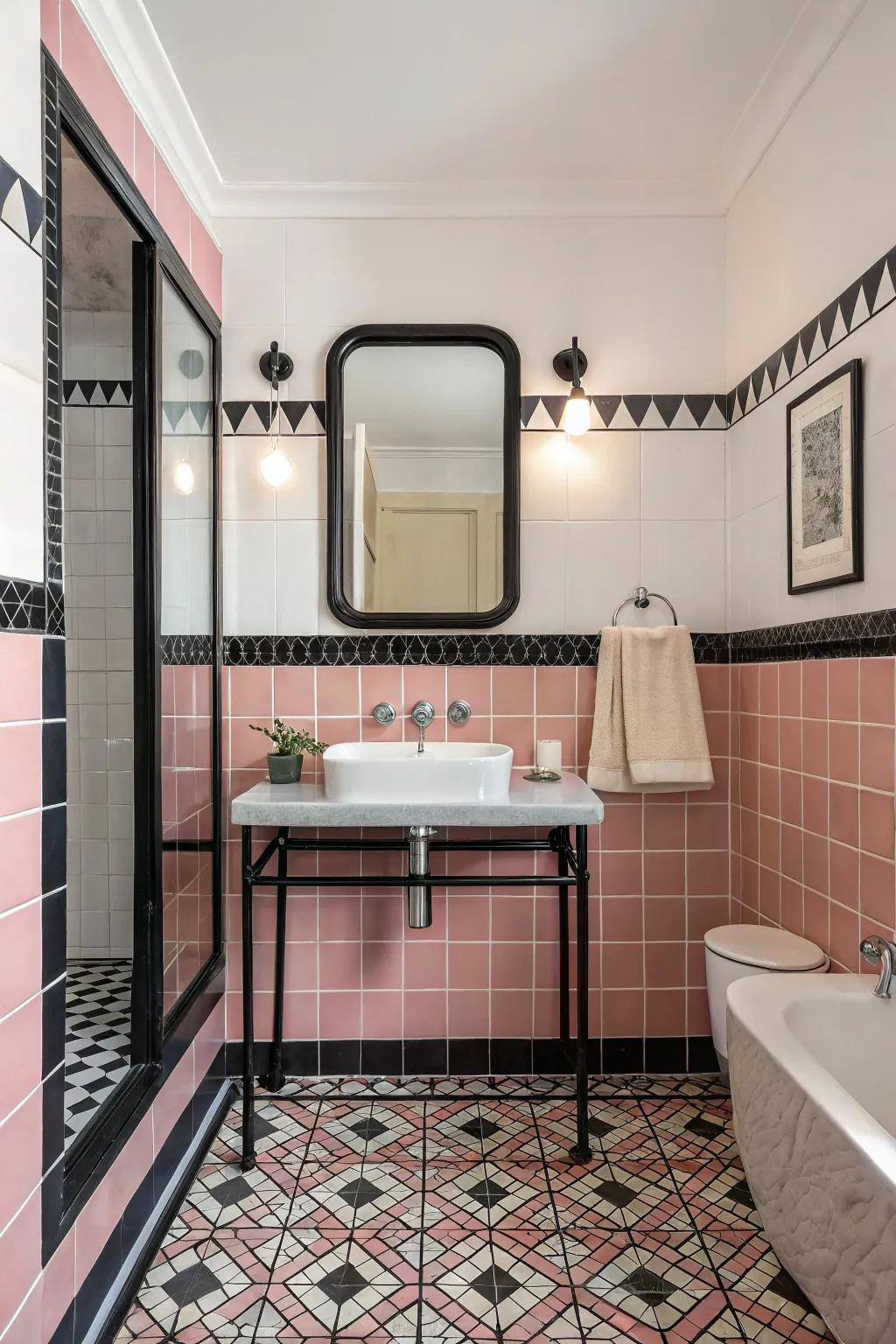 A retro-inspired bathroom with a pink and black tile combination.