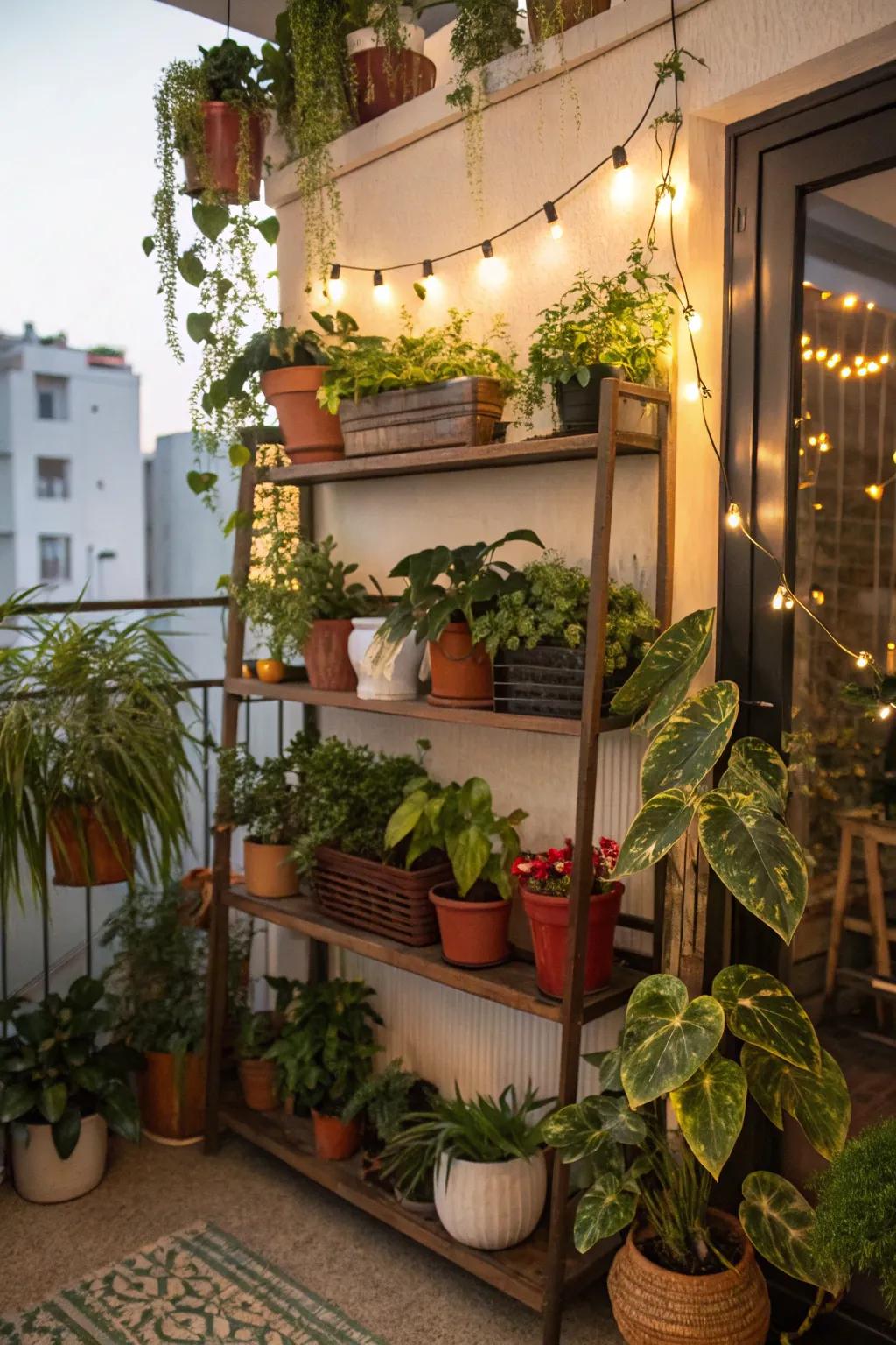 Tiered shelves provide extra space for plants and decor on this plant ledge.