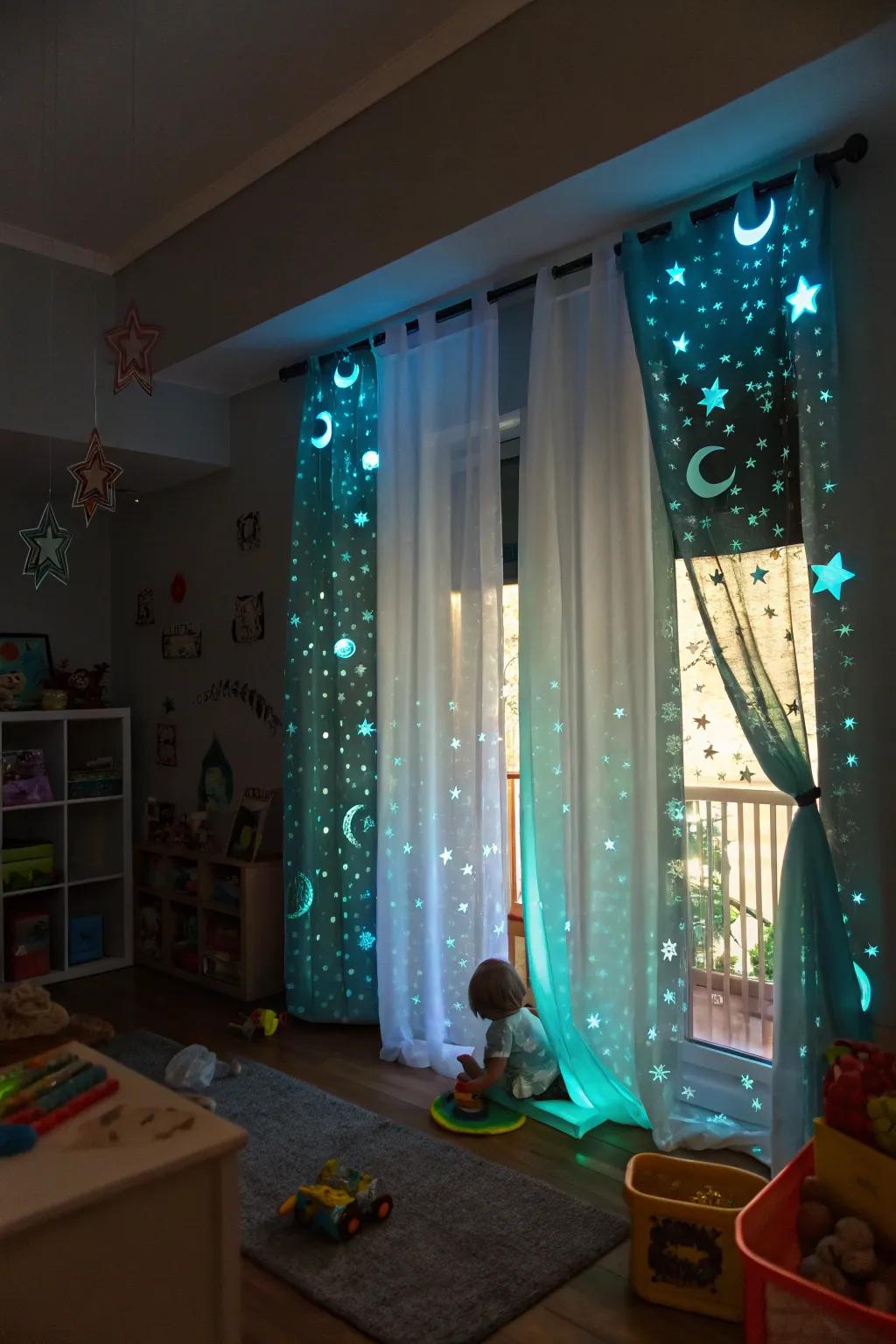 Glow-in-the-dark curtains create a magical nighttime ambiance.