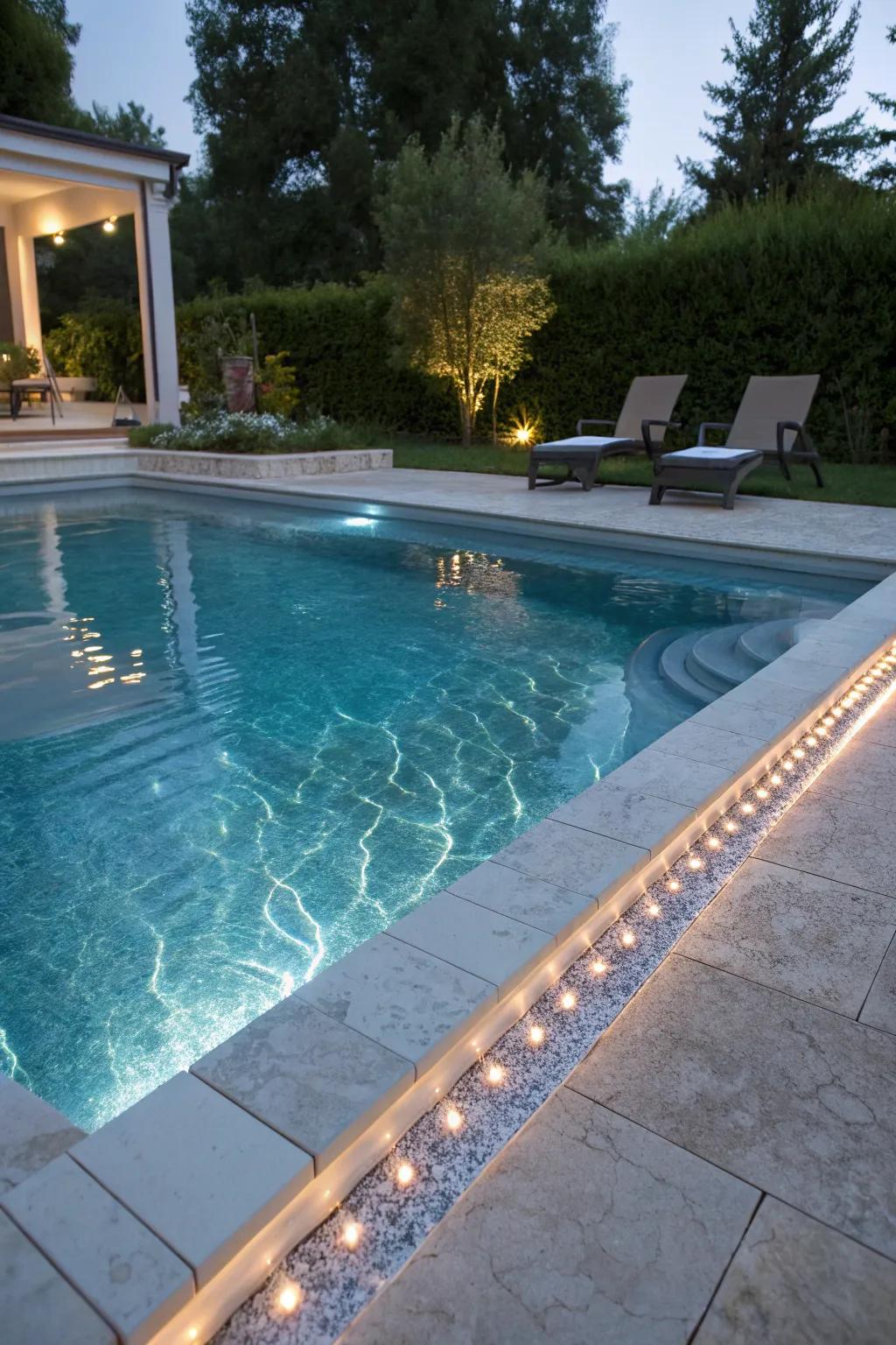 LED lighting in coping enhances nighttime poolscapes.