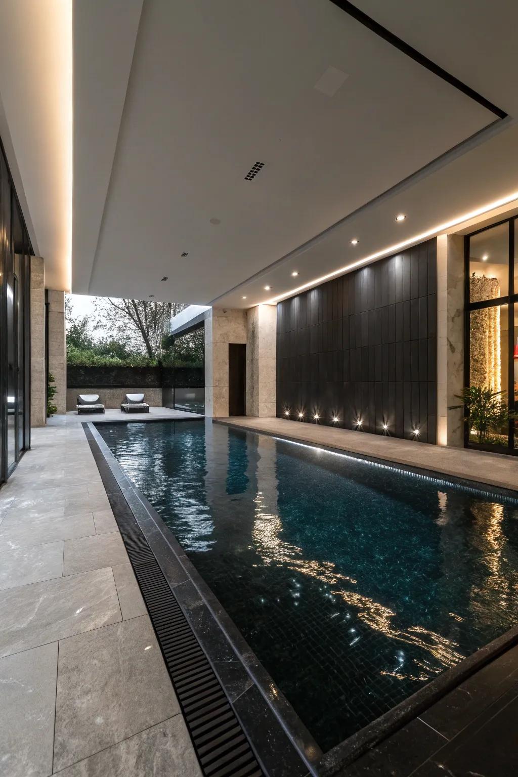 Dark finishes lend a modern and sleek touch to pool designs.