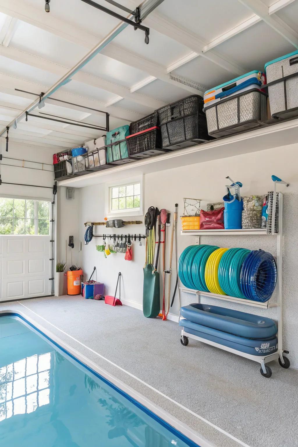 Overhead storage in the garage maximizes space efficiently.