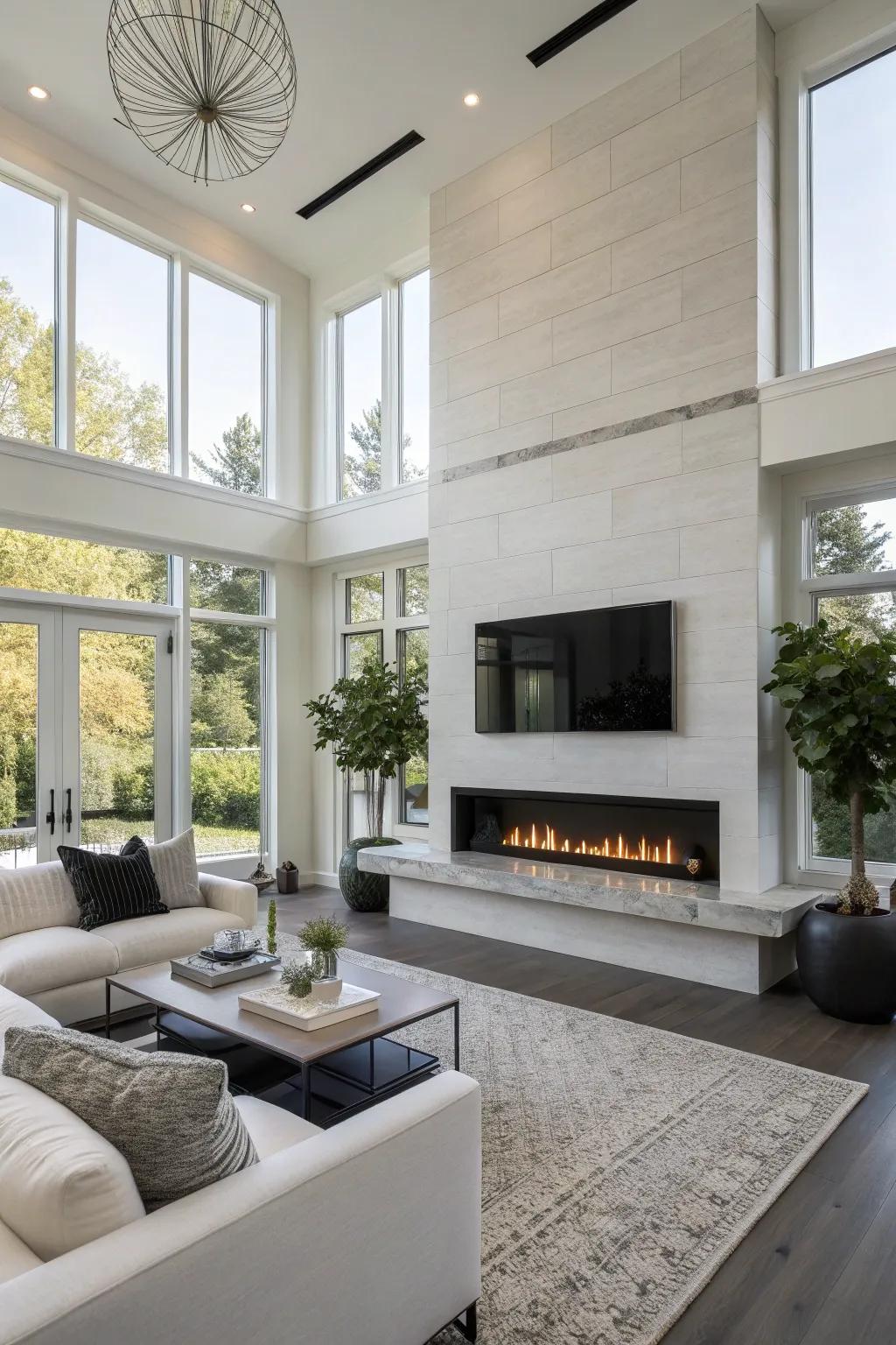 A contemporary living room featuring a linear propane fireplace.