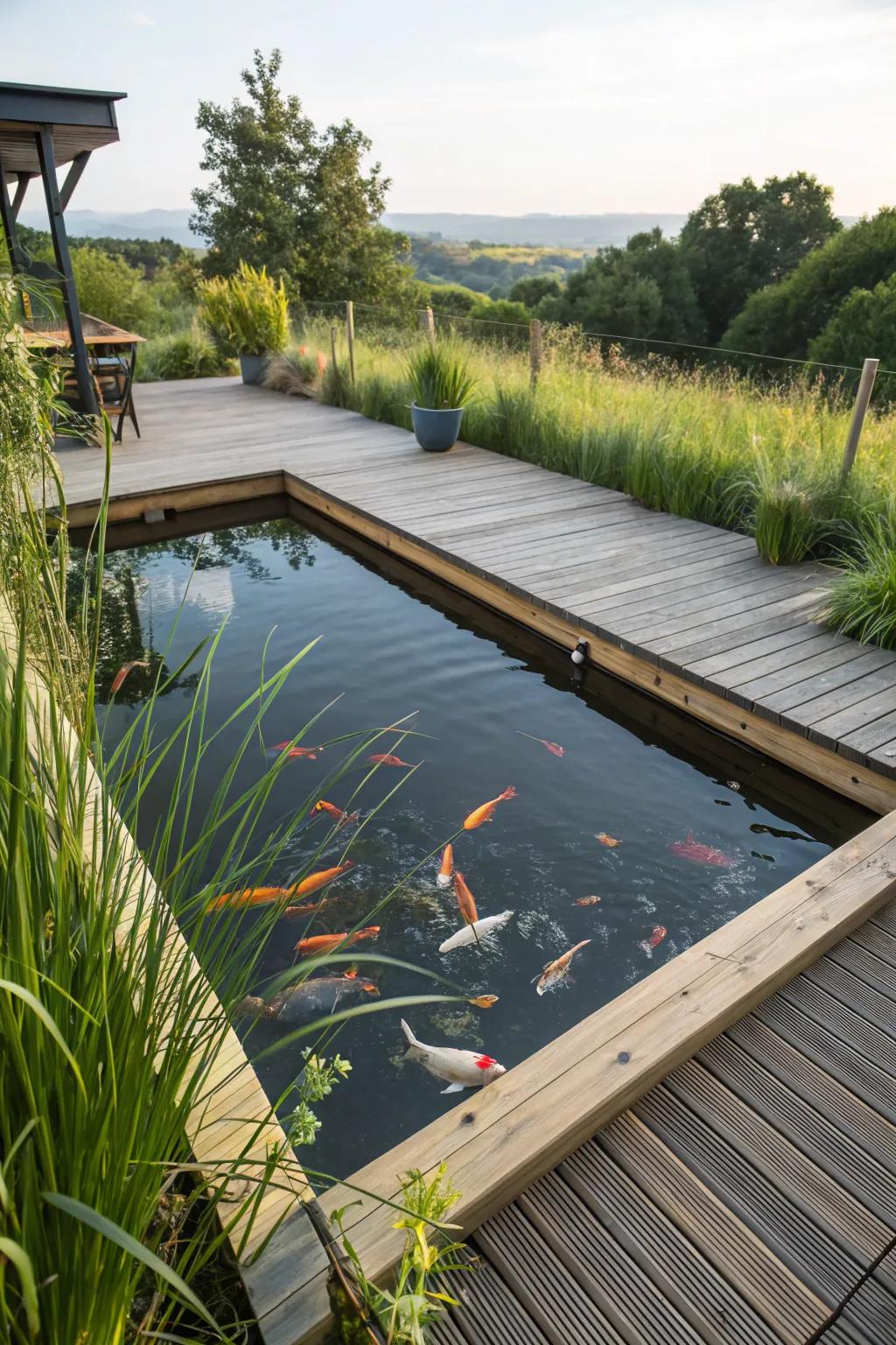 An immersive experience with a floating deck around the pond.