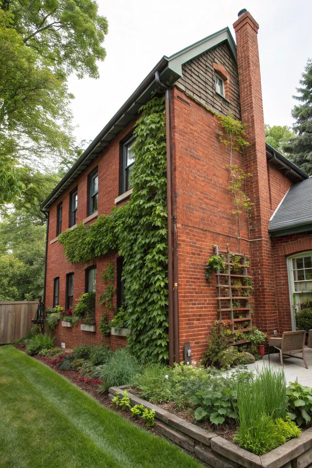 A vertical garden adds life to this red brick house.