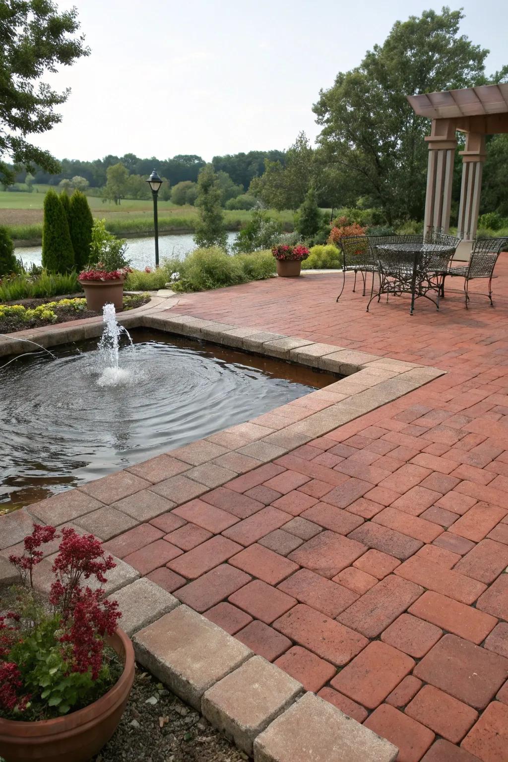 A water feature adds tranquility and elegance.