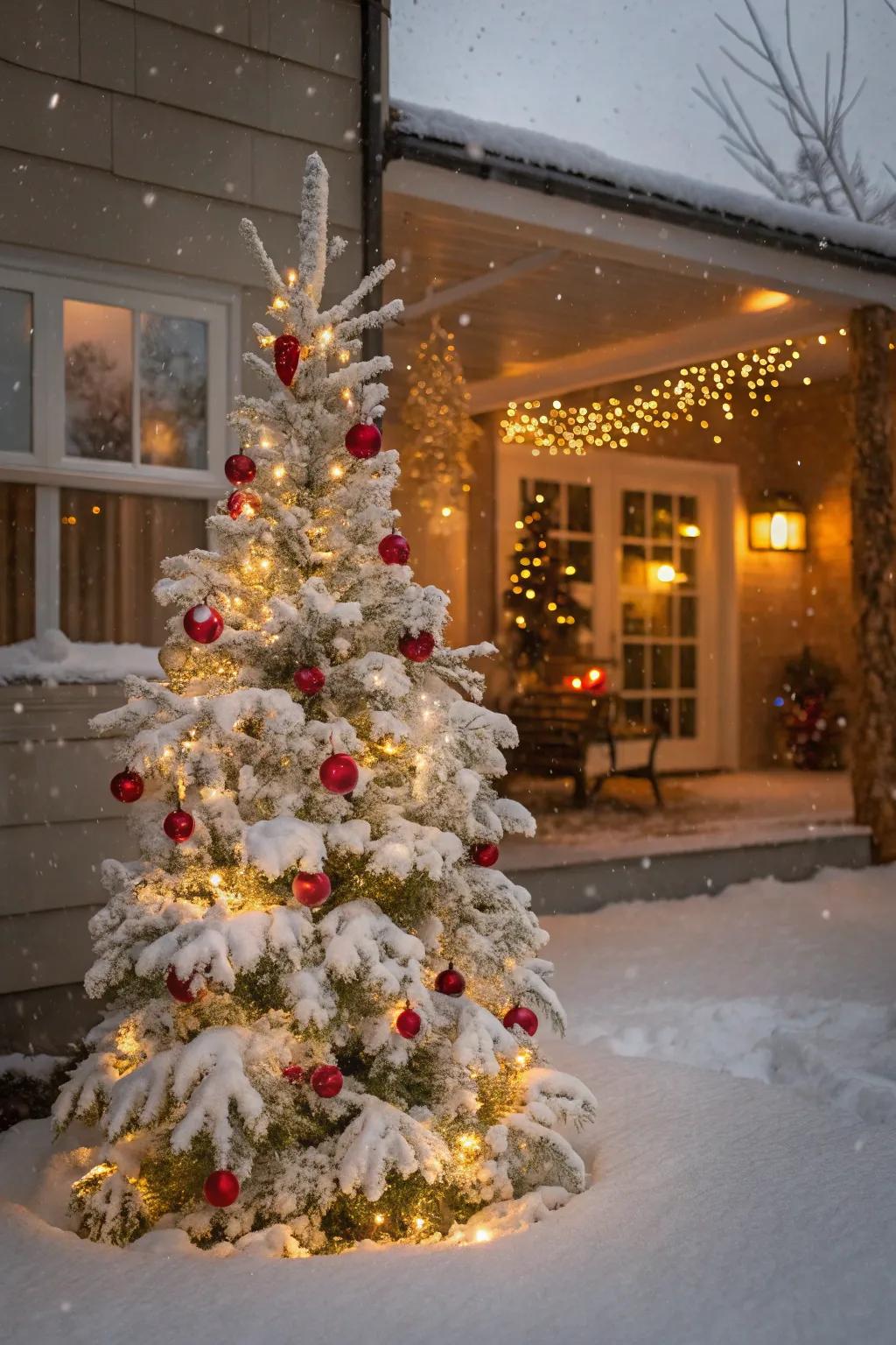 White flocking creates a magical snowy effect on the tree.