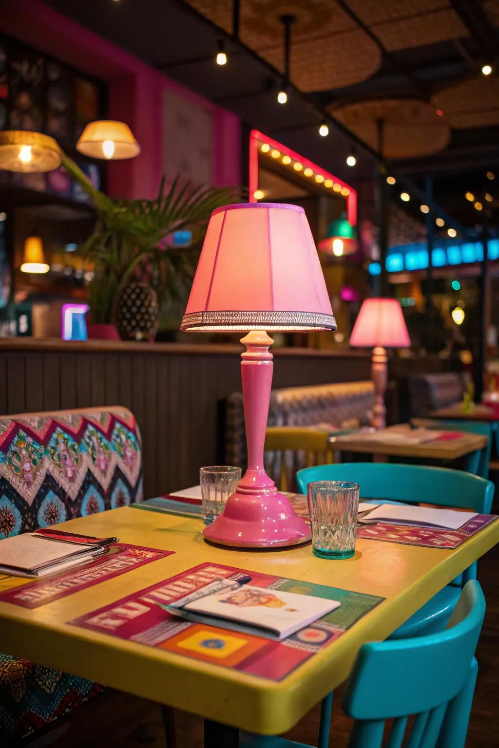 Neon table lamp on a vibrant restaurant table with colorful decor.