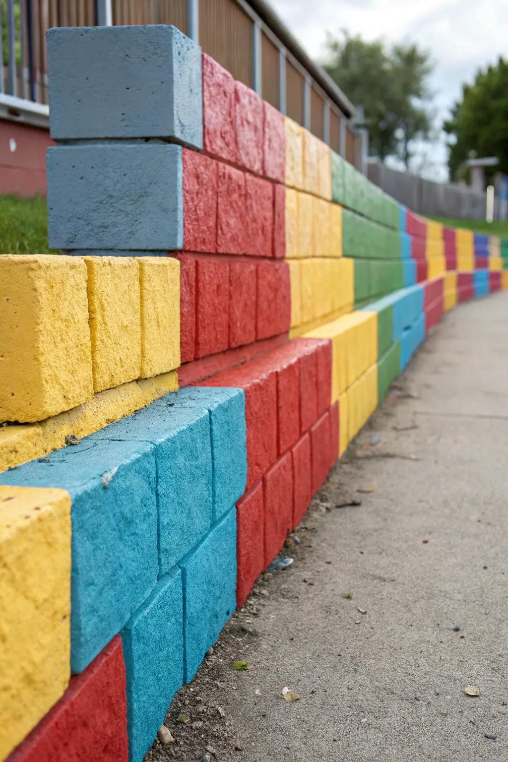 Colored concrete blocks bring playful hues to retaining walls.