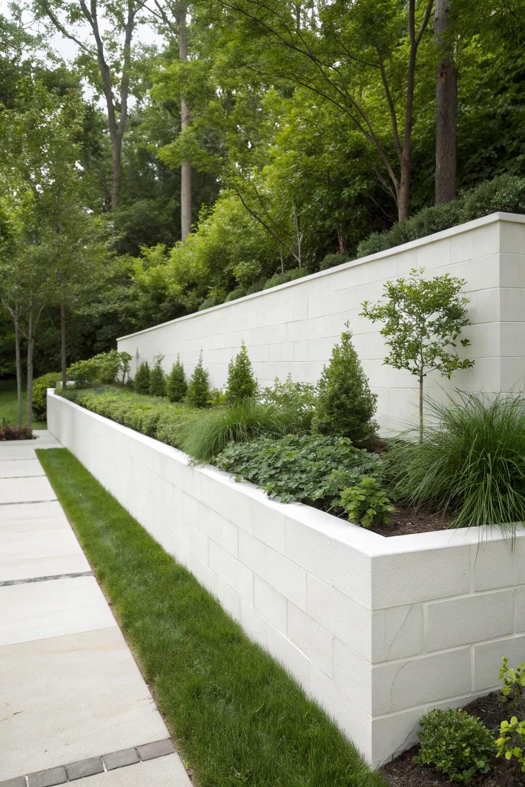 White concrete blocks create a fresh and modern garden aesthetic.