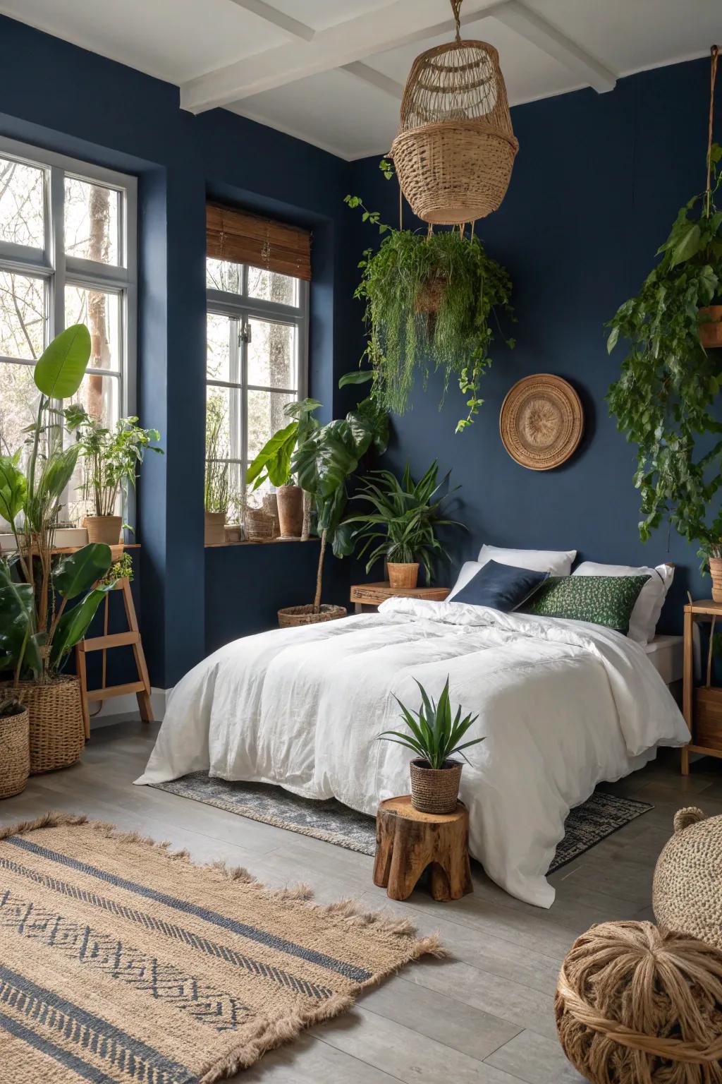 Indoor plants introduce a fresh and lively element to navy decor.