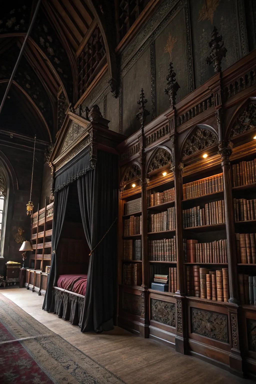 A scholarly nook with dark bookshelves adds literary charm to the room.