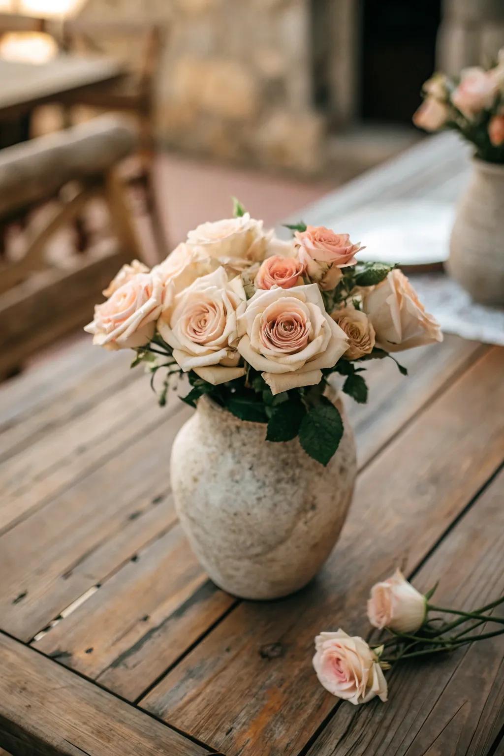 Earthy elegance with a natural stone vase and roses.