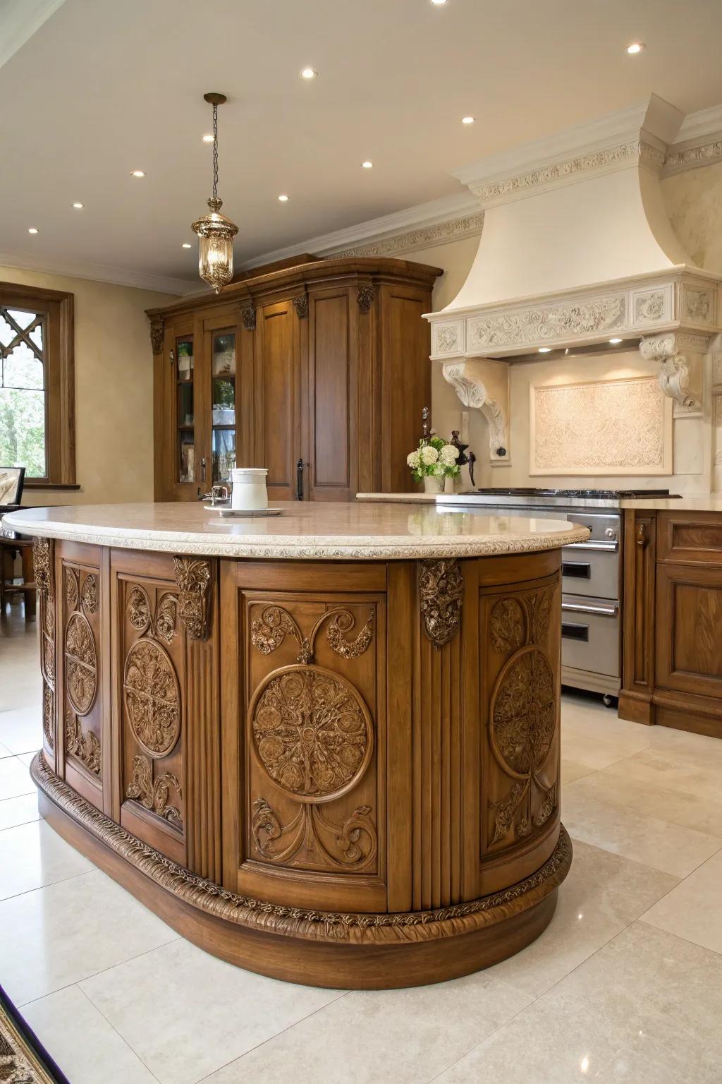 A blend of tradition and modernity in a round kitchen island design.