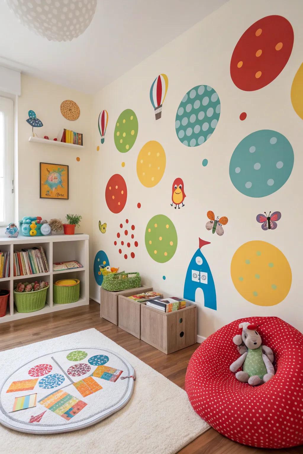 Children's room featuring playful round wall decals for a fun look.