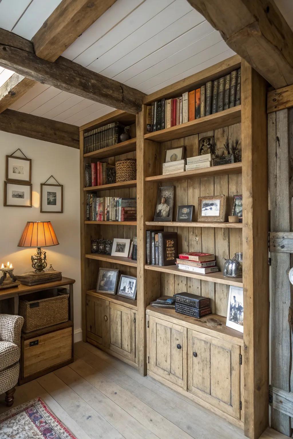 Built-in shelving provides ample space for books and memorabilia.