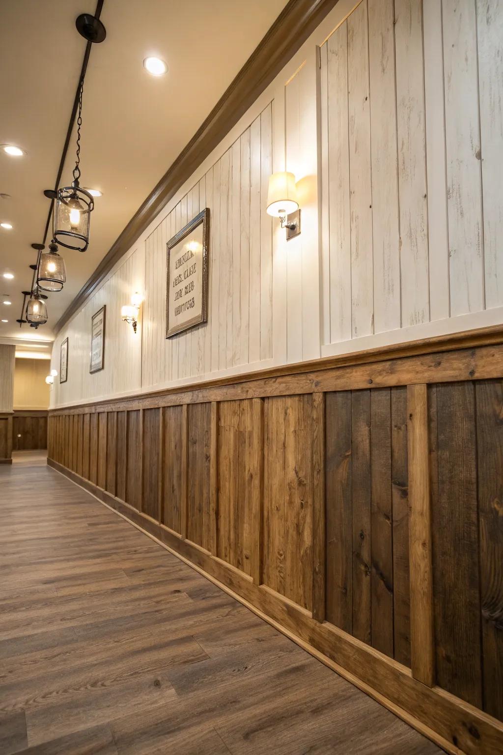 Two-tone wainscoting adds contrast and visual interest.