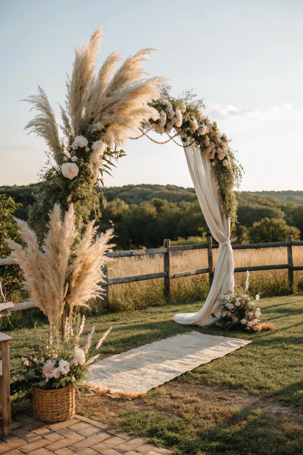 Pampas grass adding texture and elegance to a rustic bohemian arch.