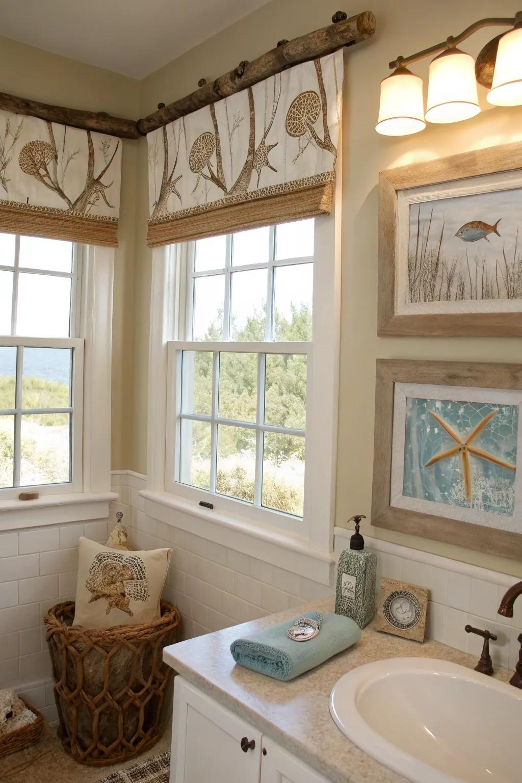 A beach-themed bathroom with a driftwood valance that serves as a natural focal point.