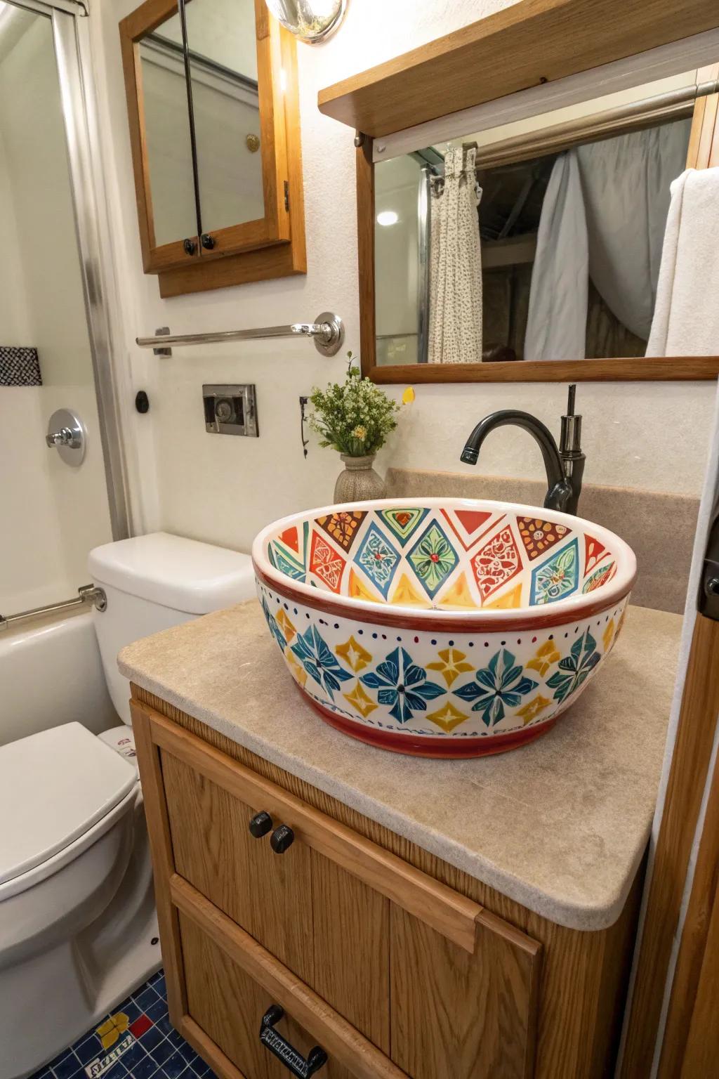 A patterned ceramic sink adding personality to an RV bathroom.