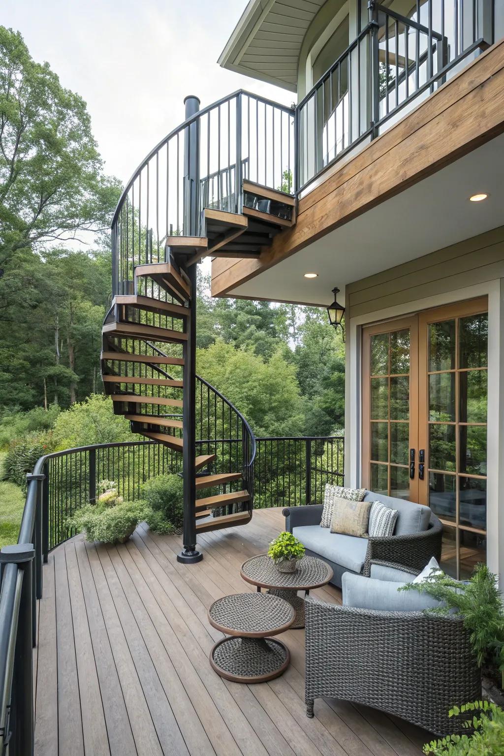 A dynamic spiral staircase that adds elegance and saves space.