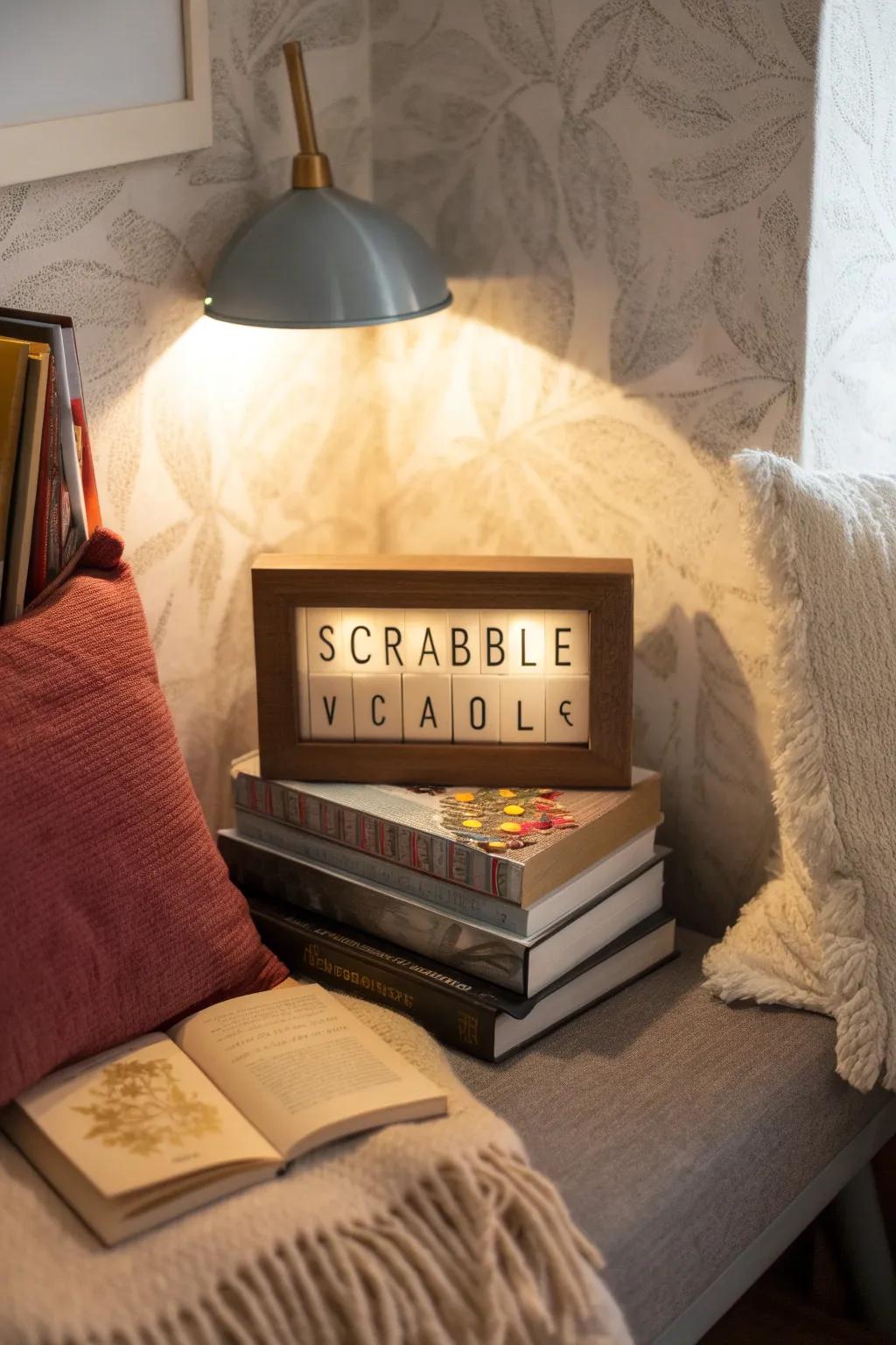 A Scrabble tile shadow box with a personalized message.