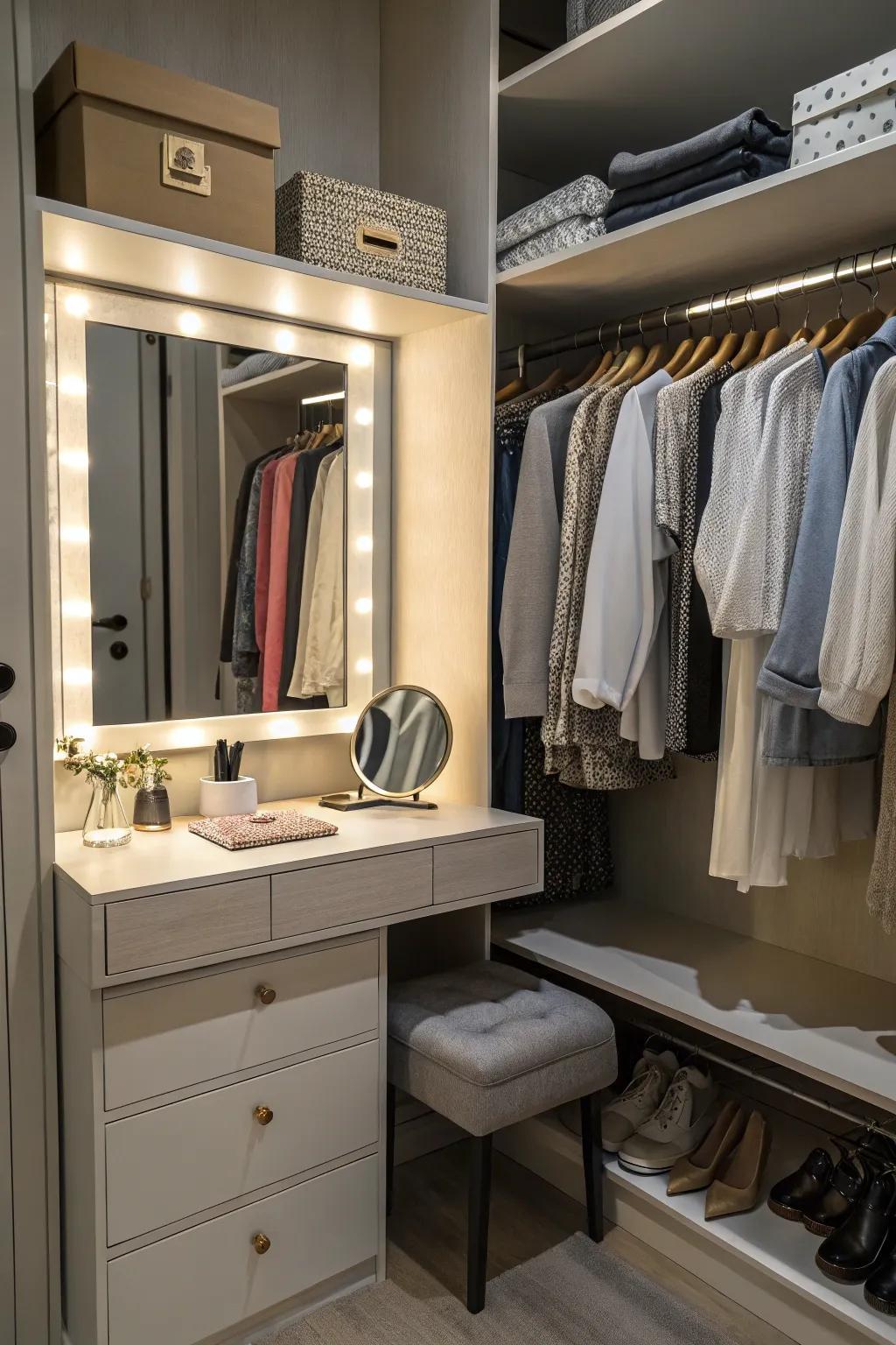 A small section of a closet transformed into a mini vanity.