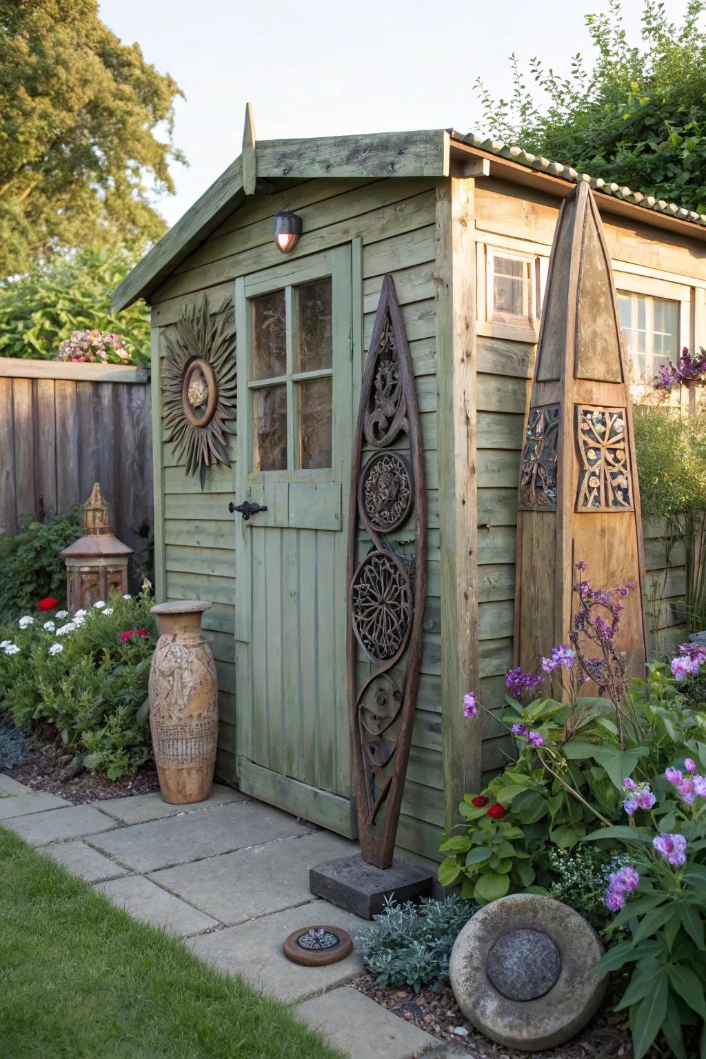 A garden shed accentuated with unique outdoor art.