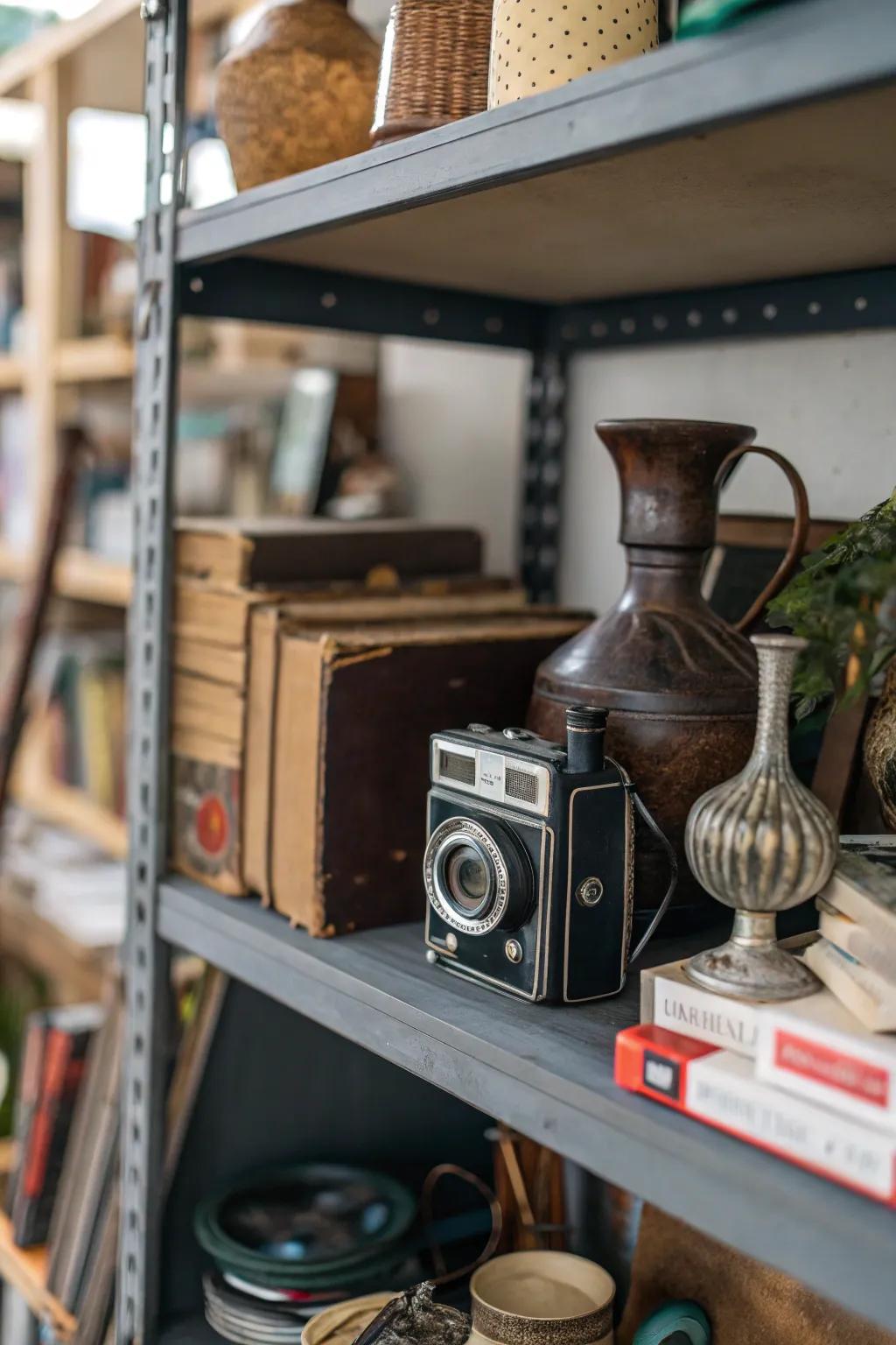 Unexpected items like a vintage camera add intrigue to the shelf.