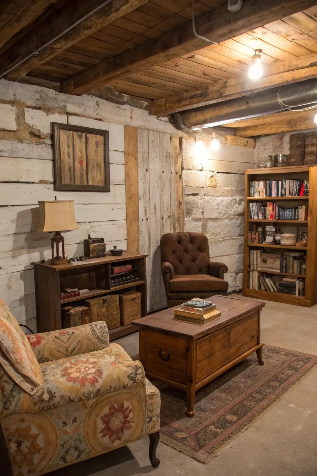 A vintage-inspired basement with distressed shiplap walls.