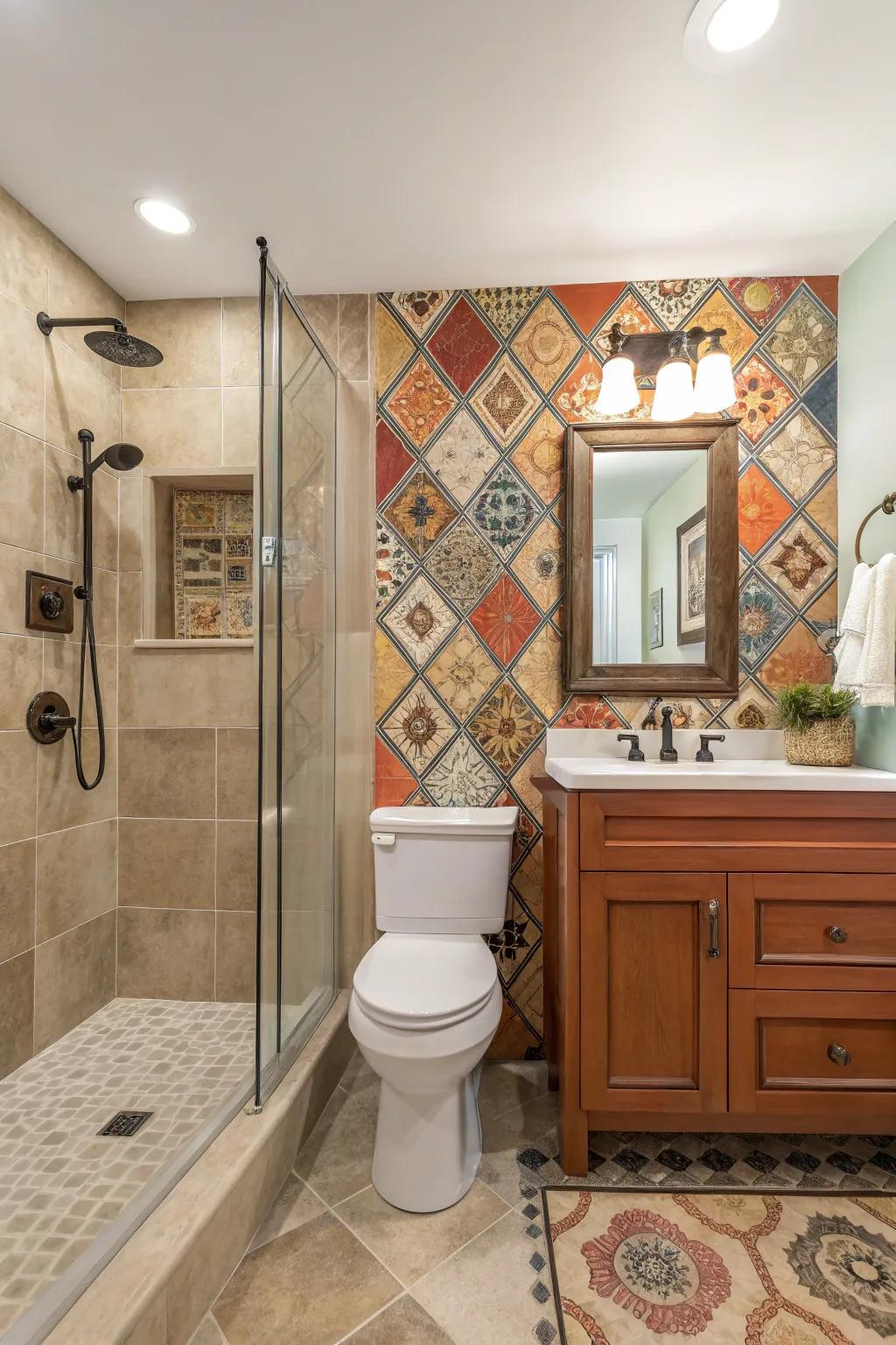 Accent walls add definition and character to bathroom layouts.