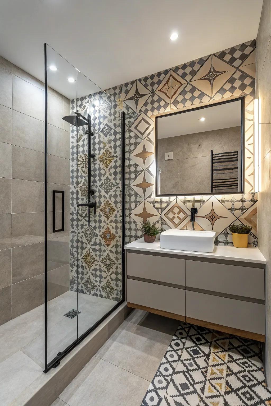 Geometric designs add a contemporary flair to the bathroom.