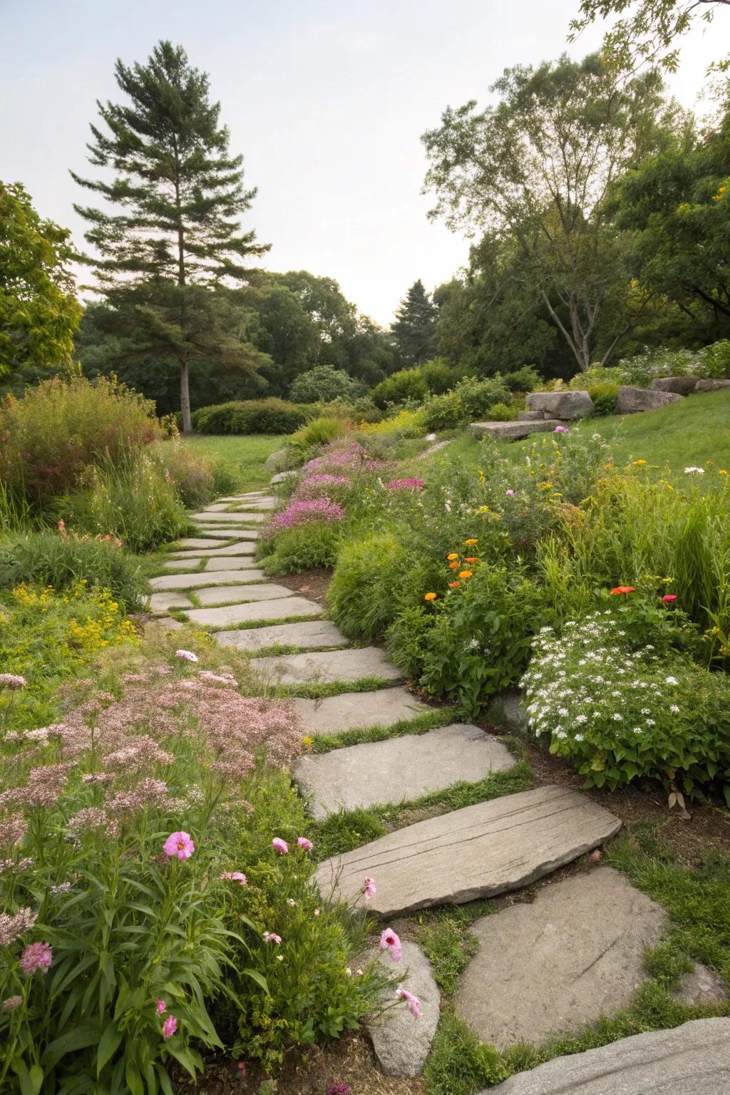 Stepping stones create a playful and casual path.