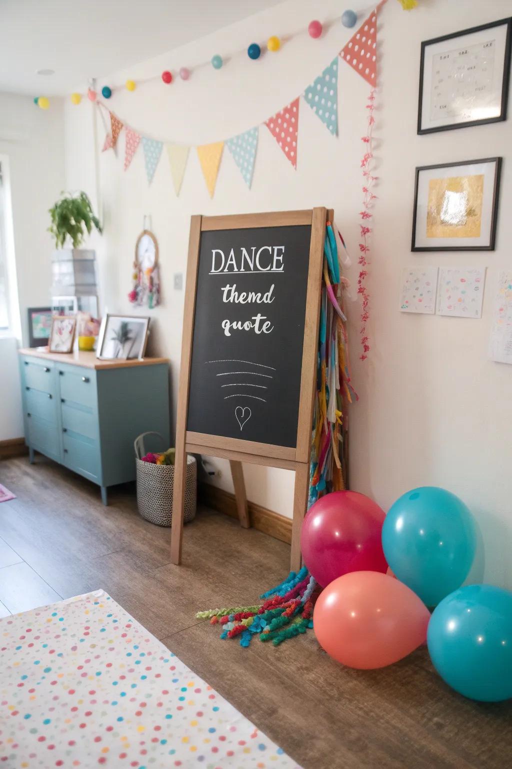 Playful room chalkboard with a dance-themed quote.