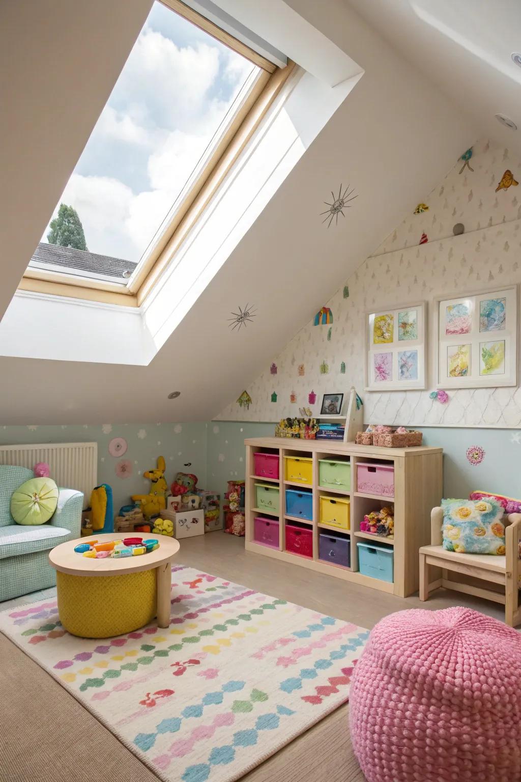 A children's playroom made magical by a skylight.