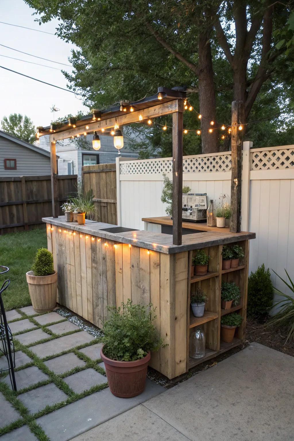 A rustic DIY outdoor bar adding character to a small patio.