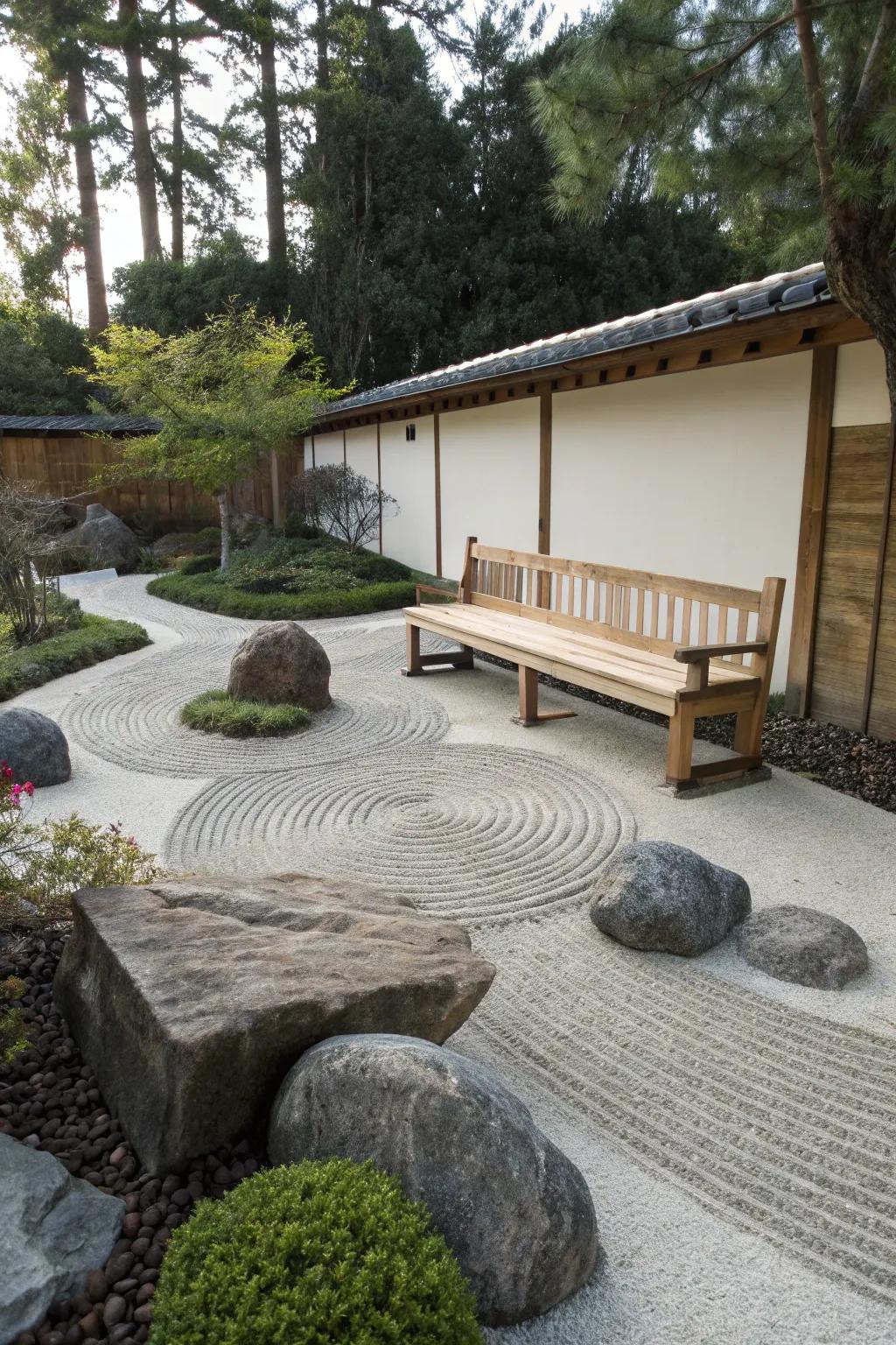 A zen garden featuring a simple wooden bench, ideal for meditation and relaxation.