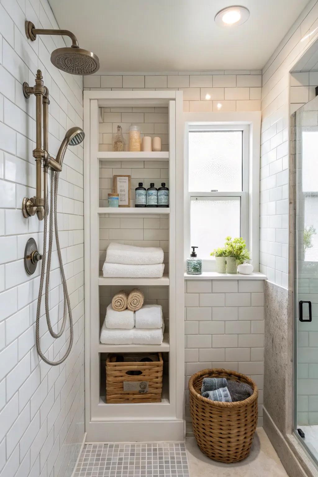 Shower niches provide sleek storage for toiletries.